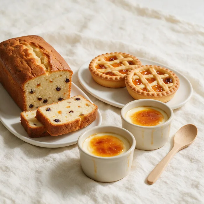 Prodotti da forno: plumcake, crostatine e budini su un piano chiaro
